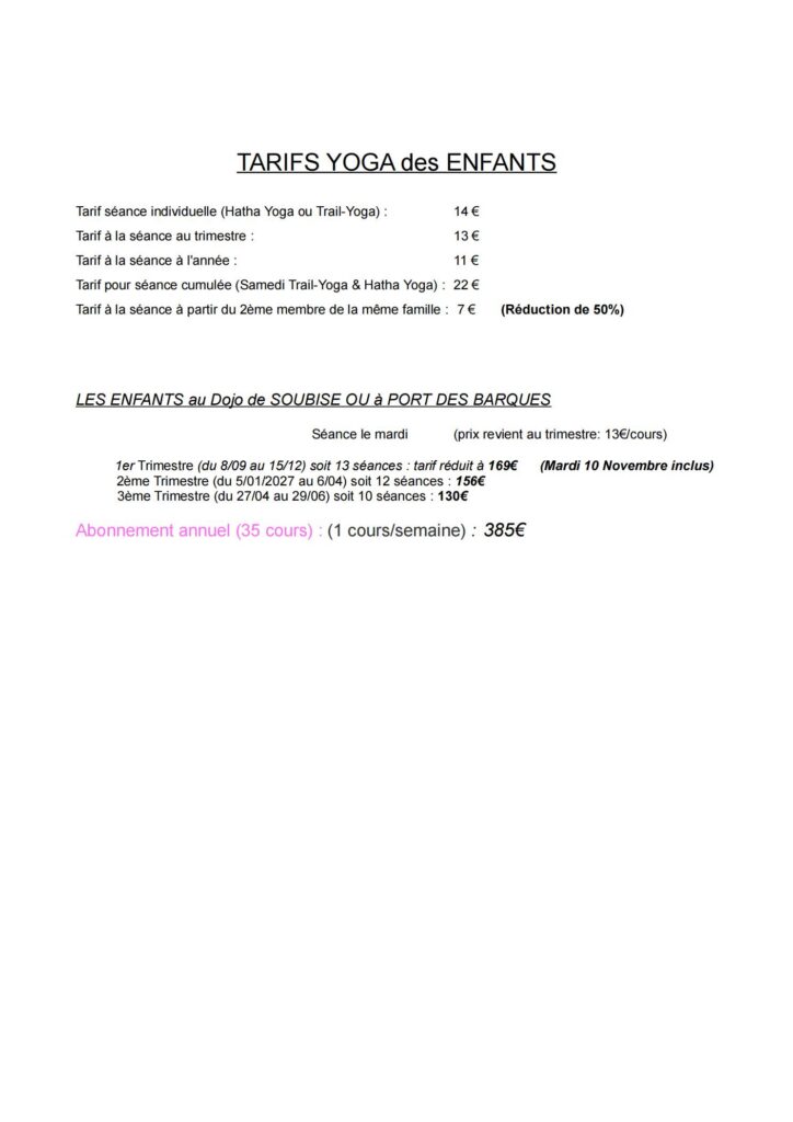 grille tarifaire Enfant 2026-2027